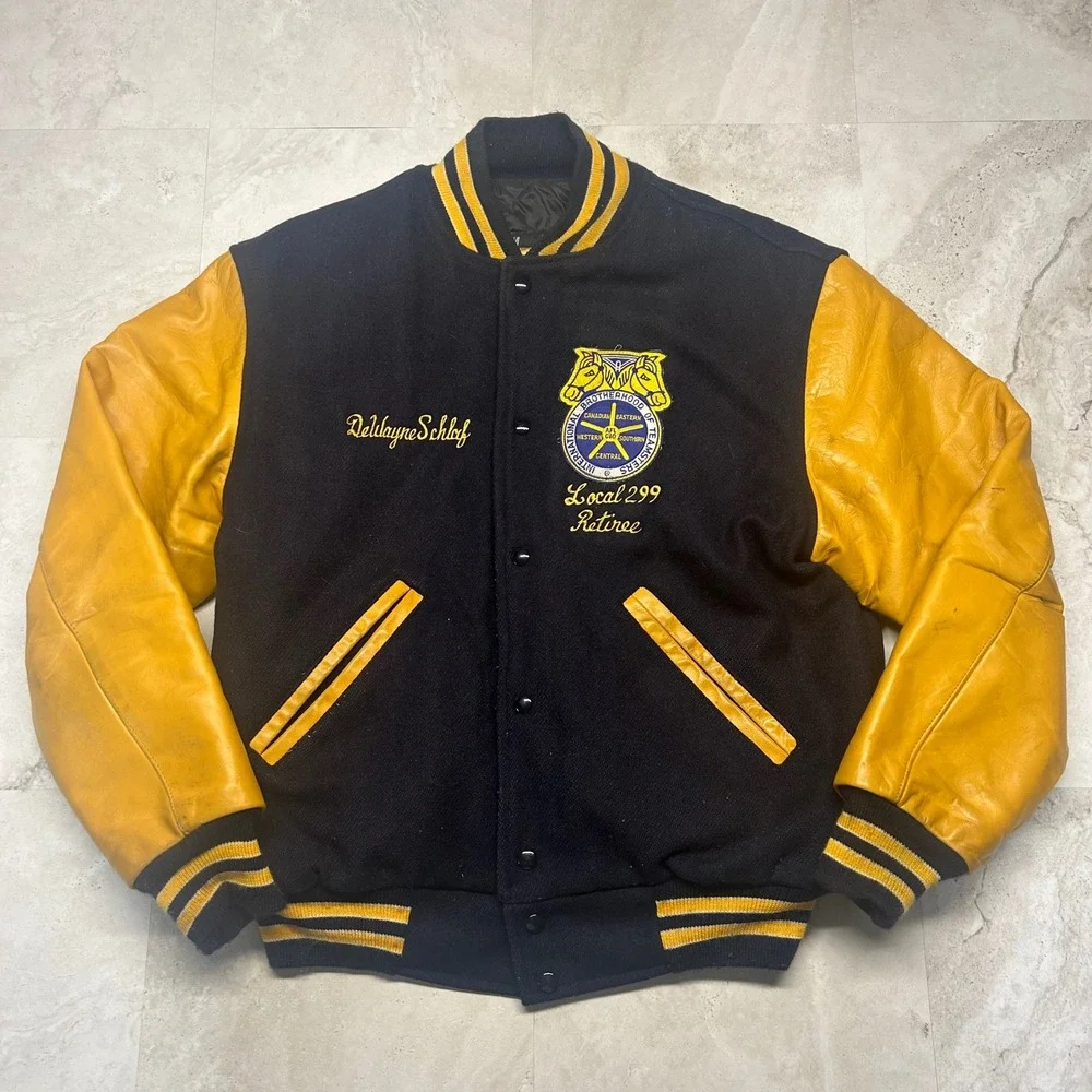 T&M Sportswear Teamsters Local 299 Varsity Jacket Navy Yellow Mens L Vintage